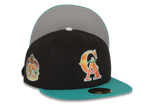 Los Angeles Anaheim Angels New Era MLB 59FIFTY 5950 Fitted Cap Hat Black Crown Teal Visor Yellow/Red/Orange Gradient Logo 35th Anniversary Side Patch