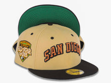 Load image into Gallery viewer, San Diego Padres New Era MLB 59FIFTY 5950 Fitted Cap Hat Vegas Gold Crown Black Visor Metallic Brown/Black Script Logo 1992 All-Star Game Side Patch
