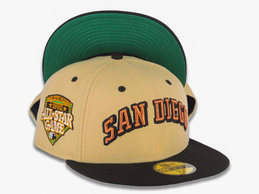 San Diego Padres New Era MLB 59FIFTY 5950 Fitted Cap Hat Vegas Gold Crown Black Visor Metallic Brown/Black Script Logo 1992 All-Star Game Side Patch