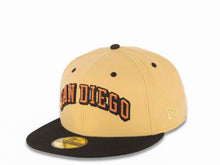 Load image into Gallery viewer, San Diego Padres New Era MLB 59FIFTY 5950 Fitted Cap Hat Vegas Gold Crown Black Visor Metallic Brown/Black Script Logo 1992 All-Star Game Side Patch

