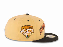 Load image into Gallery viewer, San Diego Padres New Era MLB 59FIFTY 5950 Fitted Cap Hat Vegas Gold Crown Black Visor Metallic Brown/Black Script Logo 1992 All-Star Game Side Patch
