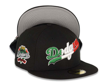 Los Angeles Dodgers New Era MLB 59FIFTY 5950 Fitted Cap Hat Black Crown/Visor Green/White/Red script Logo 100 Anniversary Side Patch Gray UV