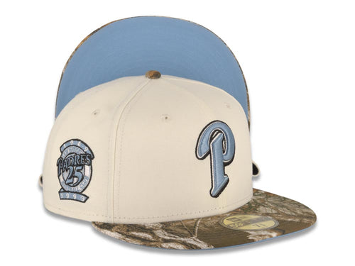 San Diego Padres New Era MLB 59FIFTY 5950 Fitted Cap Hat Cream Crown Real Tree Edge Camo Visor Sky Blue/Black P Logo 25th Anniversary Side Patch