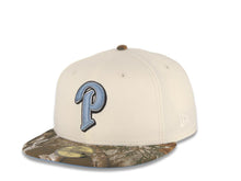 Load image into Gallery viewer, San Diego Padres New Era MLB 59FIFTY 5950 Fitted Cap Hat Cream Crown Real Tree Edge Camo Visor Sky Blue/Black P Logo 25th Anniversary Side Patch
