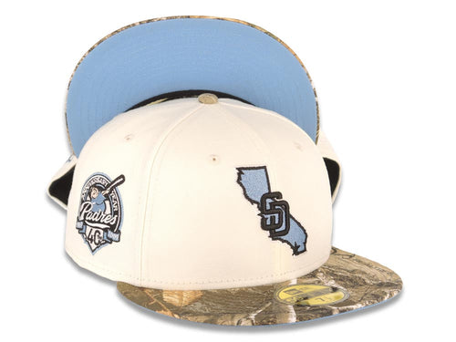 San Diego Padres New Era MLB 59FIFTY 5950 Fitted Cap Hat Cream Crown Real Tree Edge Visor Sky Blue California Map Logo 40th Anniversary Side Patch