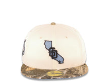 Load image into Gallery viewer, San Diego Padres New Era MLB 59FIFTY 5950 Fitted Cap Hat Cream Crown Real Tree Edge Visor Sky Blue California Map Logo 40th Anniversary Side Patch
