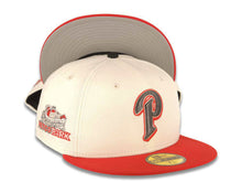 Load image into Gallery viewer, San Diego Padres New Era MLB 59FIFTY 5950 Fitted Cap Hat Cream Crown Red Visor Metallic Dark Gray/Red Logo Petco Park Side Patch Gray UV
