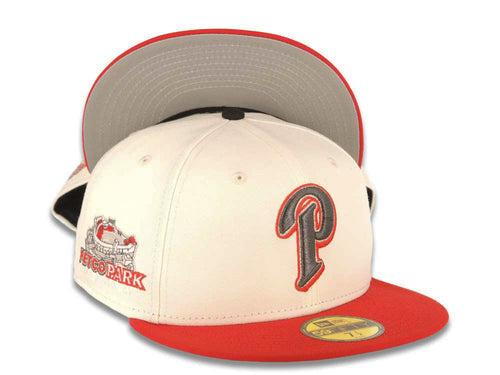 San Diego Padres New Era MLB 59FIFTY 5950 Fitted Cap Hat Cream Crown Red Visor Metallic Dark Gray/Red Logo Petco Park Side Patch Gray UV