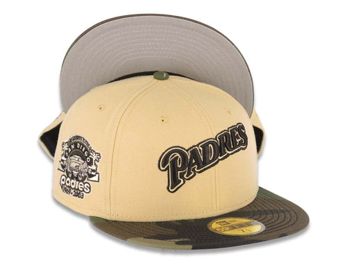 San Diego Padres New Era MLB 59FIFTY 5950 Fitted Cap Hat Vegas Gold Crown Camo Visor Brown/Vegas Gold Script Logo Stadium Side Patch Gray UV