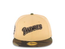 Load image into Gallery viewer, San Diego Padres New Era MLB 59FIFTY 5950 Fitted Cap Hat Vegas Gold Crown Camo Visor Brown/Vegas Gold Script Logo Stadium Side Patch Gray UV
