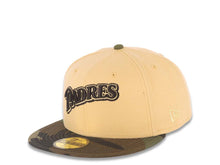 Load image into Gallery viewer, San Diego Padres New Era MLB 59FIFTY 5950 Fitted Cap Hat Vegas Gold Crown Camo Visor Brown/Vegas Gold Script Logo Stadium Side Patch Gray UV
