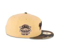 Load image into Gallery viewer, San Diego Padres New Era MLB 59FIFTY 5950 Fitted Cap Hat Vegas Gold Crown Camo Visor Brown/Vegas Gold Script Logo Stadium Side Patch Gray UV
