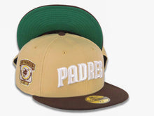 Load image into Gallery viewer, San Diego Padres New Era MLB 59FIFTY 5950 Fitted Cap Hat Vegas Gold Crown Dark Brown Visor White Script Logo Go Padres Side Patch Green UV
