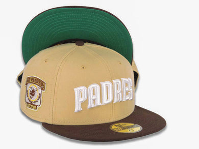 San Diego Padres New Era MLB 59FIFTY 5950 Fitted Cap Hat Vegas Gold Crown Dark Brown Visor White Script Logo Go Padres Side Patch Green UV