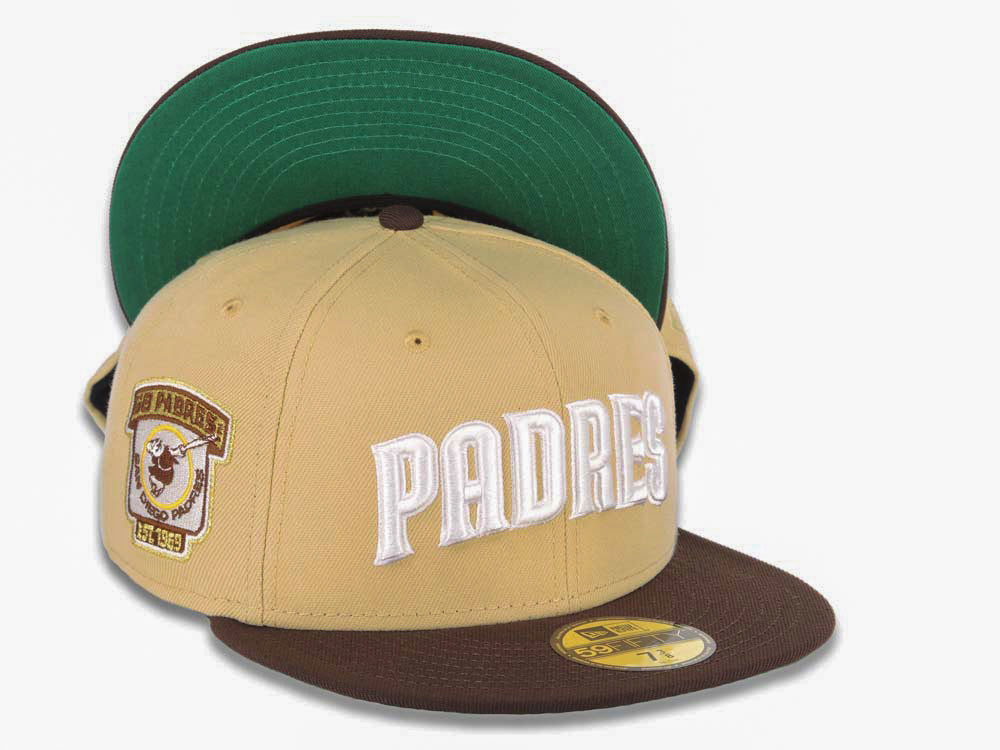 San Diego Padres New Era MLB 59FIFTY 5950 Fitted Cap Hat Vegas Gold Crown Dark Brown Visor White Script Logo Go Padres Side Patch Green UV
