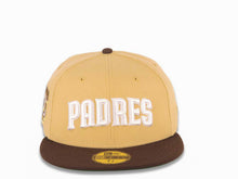 Load image into Gallery viewer, San Diego Padres New Era MLB 59FIFTY 5950 Fitted Cap Hat Vegas Gold Crown Dark Brown Visor White Script Logo Go Padres Side Patch Green UV
