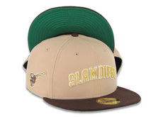 Load image into Gallery viewer, San Diego Padres New Era MLB 59FIFTY 5950 Fitted Cap Hat Khaki Crown Dark Brown Visor Metallic Gold/White Slam Logo Swinging Friar Side Patch Green UV
