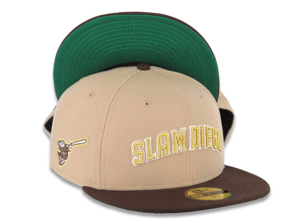 San Diego Padres New Era MLB 59FIFTY 5950 Fitted Cap Hat Khaki Crown Dark Brown Visor Metallic Gold/White Slam Logo Swinging Friar Side Patch Green UV