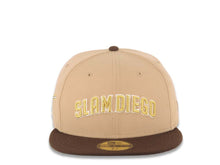 Load image into Gallery viewer, San Diego Padres New Era MLB 59FIFTY 5950 Fitted Cap Hat Khaki Crown Dark Brown Visor Metallic Gold/White Slam Logo Swinging Friar Side Patch Green UV
