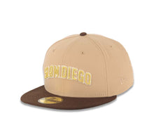 Load image into Gallery viewer, San Diego Padres New Era MLB 59FIFTY 5950 Fitted Cap Hat Khaki Crown Dark Brown Visor Metallic Gold/White Slam Logo Swinging Friar Side Patch Green UV
