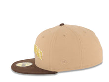 Load image into Gallery viewer, San Diego Padres New Era MLB 59FIFTY 5950 Fitted Cap Hat Khaki Crown Dark Brown Visor Metallic Gold/White Slam Logo Swinging Friar Side Patch Green UV
