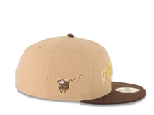 Load image into Gallery viewer, San Diego Padres New Era MLB 59FIFTY 5950 Fitted Cap Hat Khaki Crown Dark Brown Visor Metallic Gold/White Slam Logo Swinging Friar Side Patch Green UV
