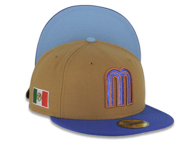 Mexico New Era 59FIFTY 5950 Fitted Cap Hat Wheat Crown Royal Blue Visor Metallic Blue/Metallic Brown Logo Mexico Flag Side Patch