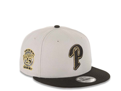 San Diego Padres New Era MLB 59FIFTY 5950 Fitted Cap Hat Gray Crown Black Visor Black/Metallic Gold P Logo 25th Anniversary Side Patch Gray UV