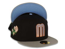 Load image into Gallery viewer, Mexico New Era 59FIFTY 5950 Fitted Cap Hat Black Crown Gray Visor Sky Blue/Metallic Brown Gradient Logo Rose Side Patch Sky Blue UV
