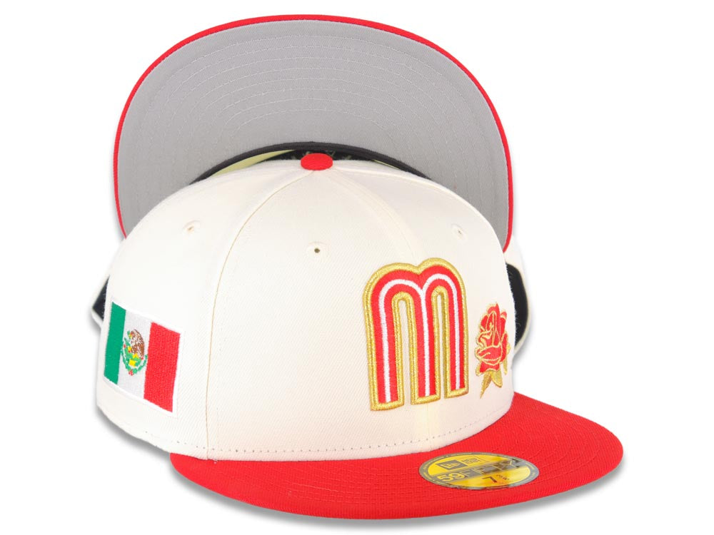 Mexico New Era 59FIFTY 5950 Fitted Cap Hat Cream Crown Red Visor Red/Metqallic Gold Logo with Rose Mexico Flag Side Patch Gray UV