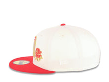 Load image into Gallery viewer, Mexico New Era 59FIFTY 5950 Fitted Cap Hat Cream Crown Red Visor Red/Metqallic Gold Logo with Rose Mexico Flag Side Patch Gray UV
