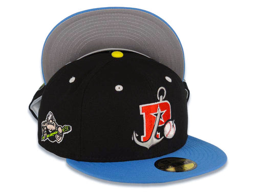 Stockton Ports New Era MiLB 59FIFTY 5950 Fitted Cap Hat Black Crown Dark Sky Blue Visor Red/White Logo Captain/Sailor Side Patch Gray UV