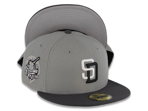 San Diego Padres New Era MLB 59FIFTY 5950 Fitted Cap Hat Gray Crown Dark Gray Visor White/Black Logo 40th Anniversary Side Patch Gray UV