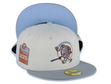 Minnesota Twins New Era MLB 59FIFTY 5950 Fitted Cap Hat Stone Crown Gray Visor Metallic Gray/Brown 2010 Inaugural Season Side Patch Sky Blue UV