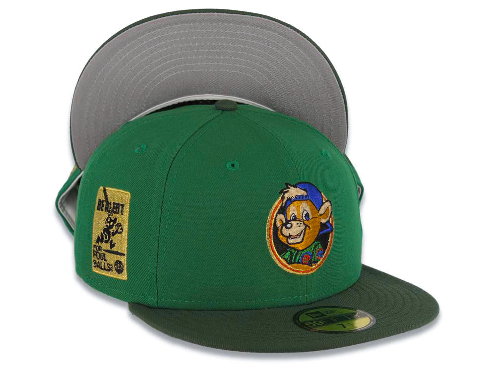 Chicago Cubs New Era MLB 59FIFTY 5950 Fitted Cap Hat Green Crown Green Visor Metallic Brown/Blue/Green Logo Be Alert For Foul Balls Side Patch