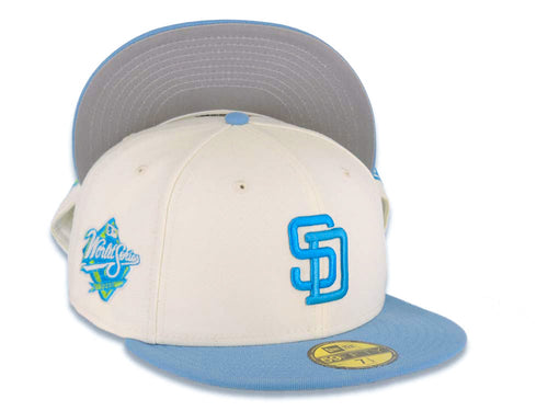 San Diego Padres New Era MLB 59FIFTY 5950 Fitted Cap Hat Cream Crown Sky Blue Visor Blue/Cardinal Blue Logo 1998 World Series Side Patch Gray UV
