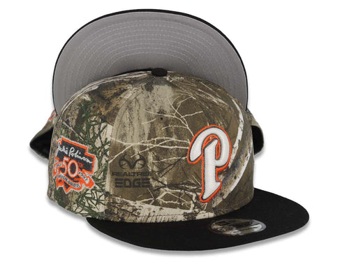 San Diego Padres New Era MLB 9FIFTY 950 Snapback Cap Hat Real Tree Edge Camo Crown Black Visor Glow White Orange Logo 50th Anniversary Side Patch