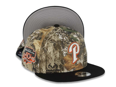 (Youth) San Diego Padres New Era MLB 9FIFTY 950 Kid Snapback Cap Hat Real Tree Edge Crown Black Visor Glow White/Orange Logo 50th Anniversary Side 