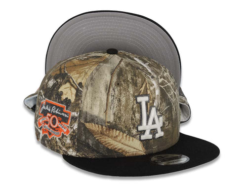 Los Angeles Dodgers New Era MLB 9FIFTY 950 Snapback Cap Hat Real Tree Edge Crown Black Visor Glow White/Metallic Black Logo 50th Anniversary SidePatch