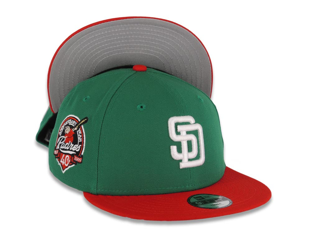 (Youth) San Diego Padres New Era MLB 9FIFTY 950 Kid Snapback Cap Hat Green Crown Red Visor White Logo 40th Anniversary Side Patch Gray UV