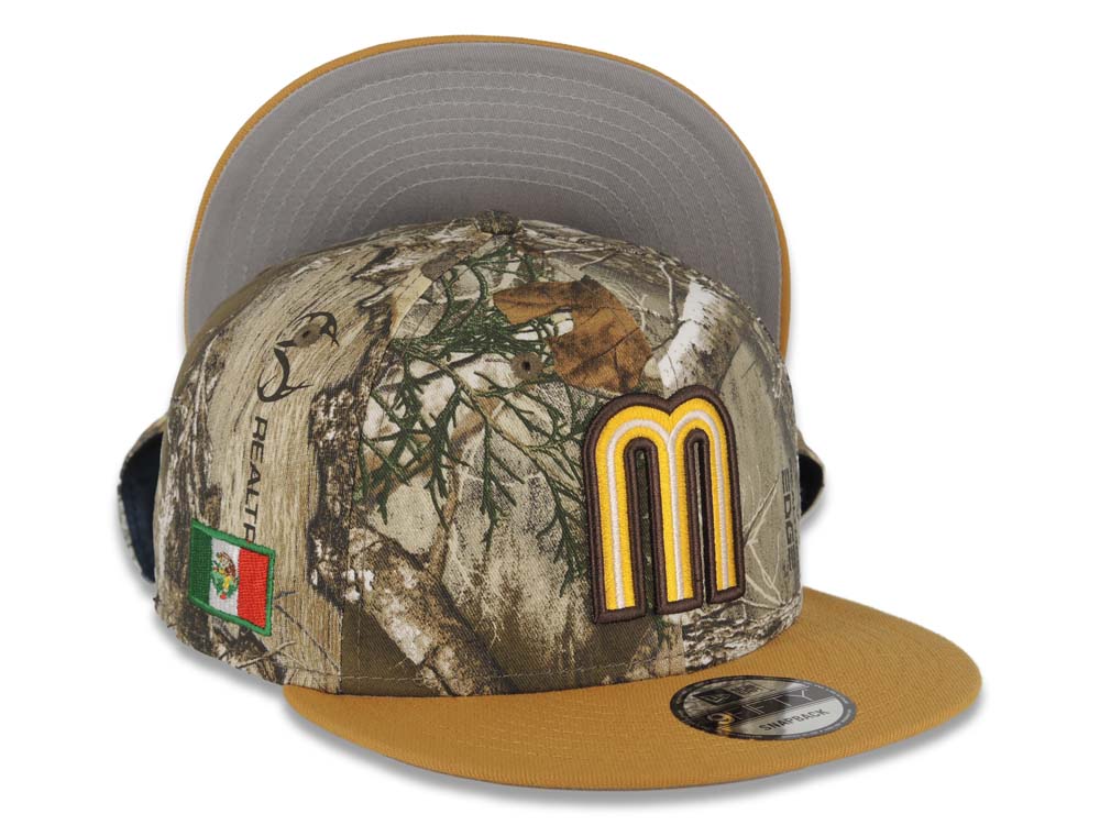 Mexico New Era WBC World Baseball Classic 9FIFTY 950 Snapback Cap Hat Real Tree Edge Camo Crown Tan Visor Yellow/Dark Brown/Cream Logo Gray UV