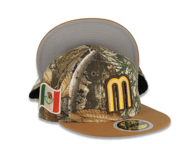 (Youth) Mexico New Era WBC 59FIFTY 5950 Kid Fitted Cap Hat Real Tree Edge Camo Crown Tan Visor Team Color Logo Mexico Flag Side Patch