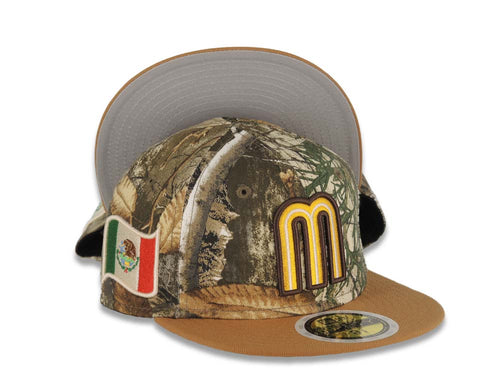 (Youth) Mexico New Era WBC 59FIFTY 5950 Kid Fitted Cap Hat Real Tree Edge Camo Crown Tan Visor Team Color Logo Mexico Flag Side Patch