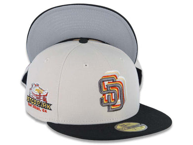 (Youth) San Diego Padres New Era MLB 59FIFTY 5950 Kid Fitted Cap Hat Stone Crown Black Visor Metallic Black/Gold Staggered Logo Petco Park Side Patch