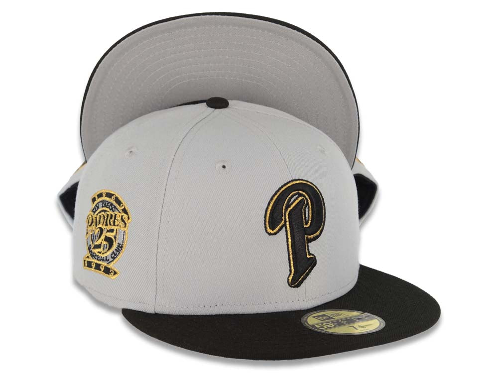 (Youth) San Diego Padres New Era MLB 59FIFTY 5950 Kid Fitted Cap Hat Gray Crown Black Visor Black/Metallic Gold Logo 25th Anniversary Side Patch