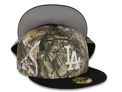 Los Angeles Dodgers New Era MLB 59FIFTY 5950 Fitted Cap Hat Real Tree Edge Camo Crown Black Visor Glow White Logo Batterman Batty Side Patch Gray UV