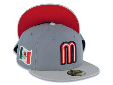 Mexico New Era 59FIFTY 5950 Fitted Cap Hat Gray Crown/Visor Red/Black/White Logo Mexico Flag Side Patch Red UV