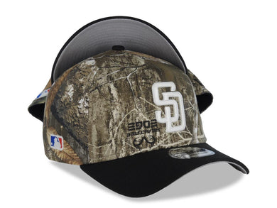 (Glow In The Dark) San Diego Padres New Era MLB 9FORTY 940 Adjustable A-Frame Cap Hat Real Tree Edge Camo Crown Black Visor Glow White Logo Side Batty