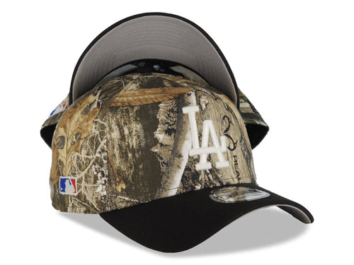 (Glow In The Dark) Los Angeles Dodgers New Era MLB 9FORTY 940 Adjustable A-Frame Cap Hat Real Tree Edge Camo Crown Black Visor White Logo Side Batty