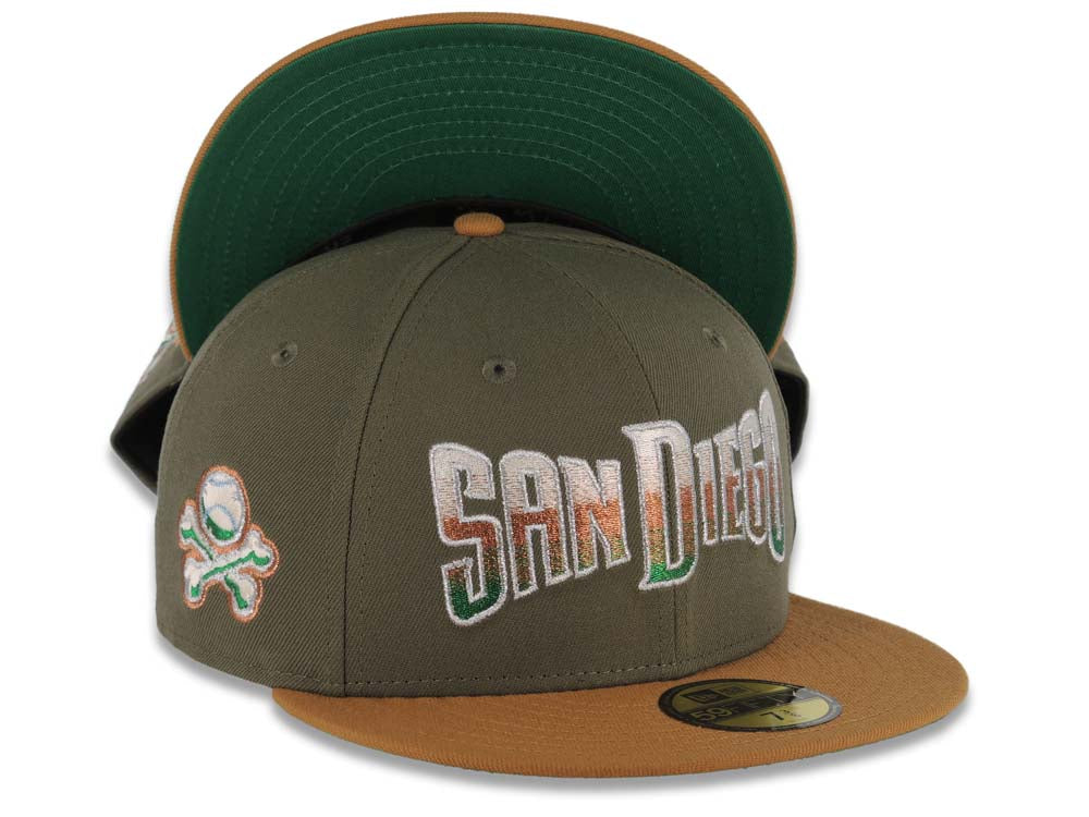 San Diego Padres New Era MLB 59FIFTY 5950 Fitted Cap Hat Olive Crown Brown Visor Cream/Metallic Brown/Green Gradient Logo El Paso Chihuahua Side Patch